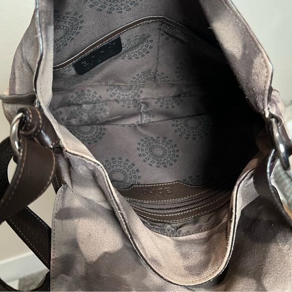 ABRO suede leather abstract print saddle bag, brown and tan, adjustable strap - Picture 9 of 12